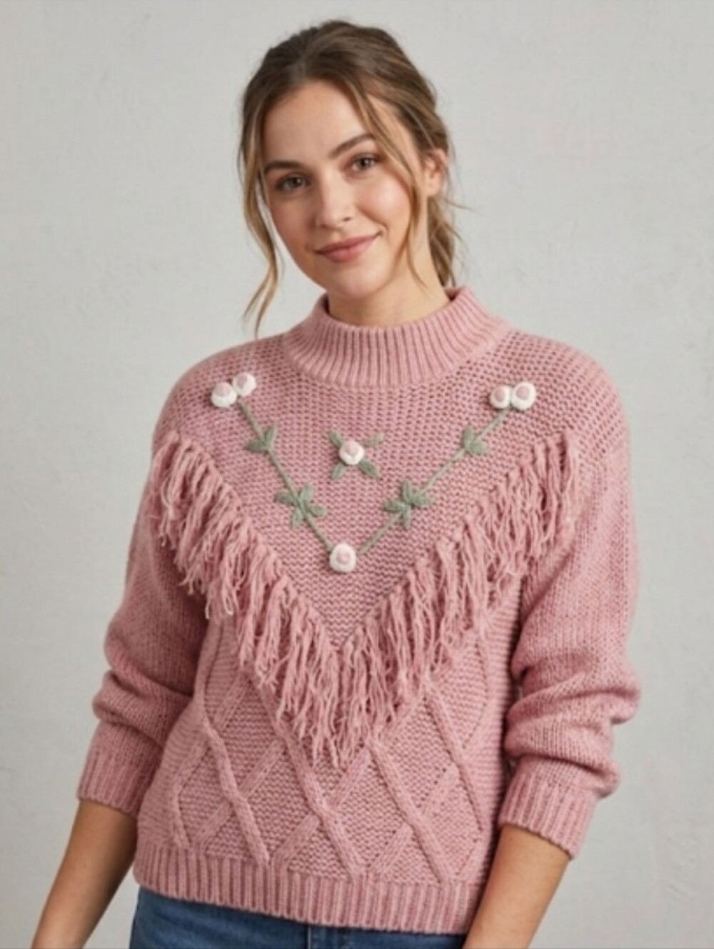 Huntington Ridge Vintage 90's Hand Knit Fringe Pink Sweater Women's Size Medium